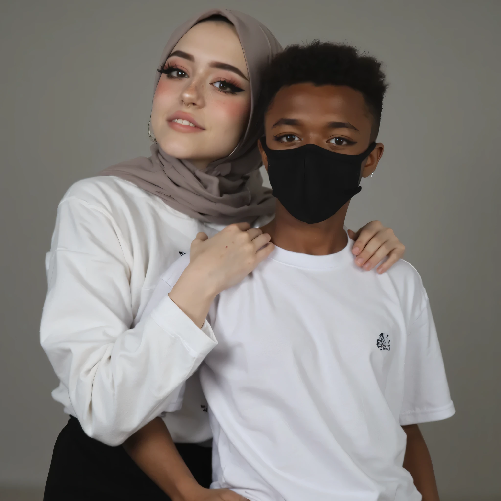 Hannahowo, e-girl, pale skin, ((hijabi girl)), (make up, blush), beautiful face, supermodel face, amazing eyes, ((wearing a grey hijab, white t-shirt, half sleeves )), ((posing with her little brother,  with her brother, black boy, dark skin tone, wearing a black face mask, hands on his shoulders)), realistic image, photoshoot, enhanced details, standing straight 
