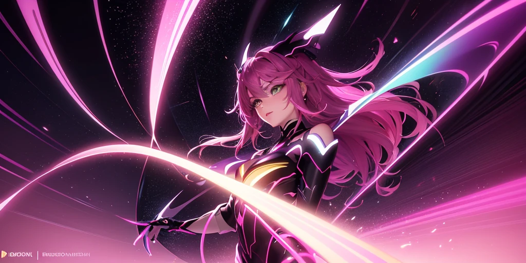 (himag), purple hair, purple eyes, masterpiece, best quality, highres, 1girl, solo, superhero, leotard, boots, matching boots, aura, purple aura, gloves, bracelets, matching gloves, looking at the viewer, light particles, outer space scenery, perfect hands, perfect eyes, powering up, view looking up