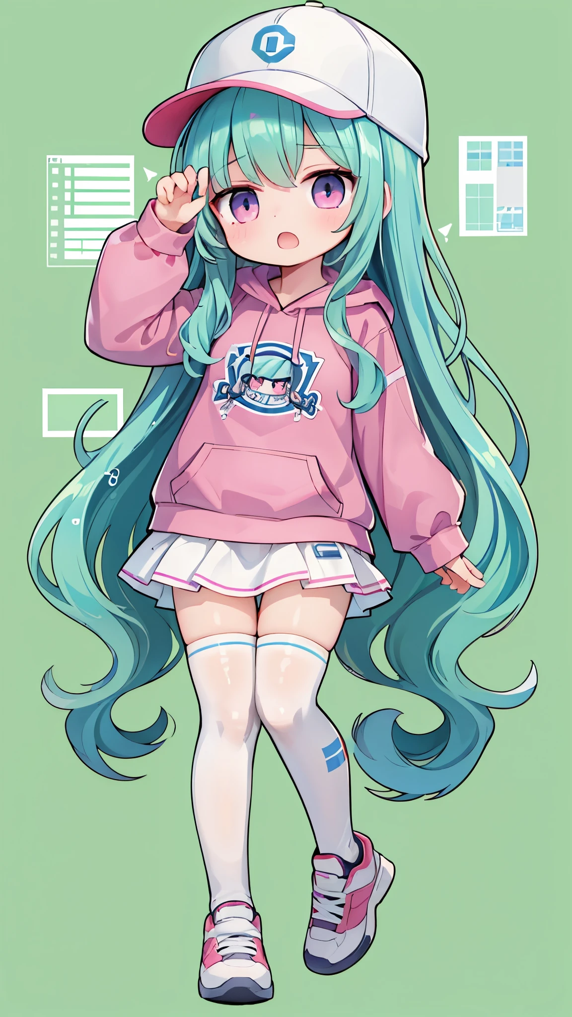 (PlanIt Schematic ), (  1girl xml file chan), xx, vscode, , digital world，Light blue long hair， pink eyes ， pink hoodie  ，  white over-the-knee stockings ，Sports shoes，  Baseball Cap  ，  green background  ，female masturbation