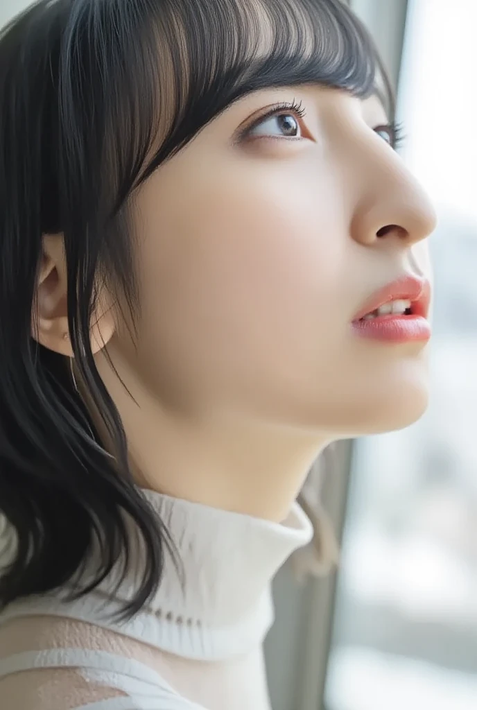 masterpiece, 最high quality,16k,8K,beautiful,get used to it,exquisite,extremely get used to it, finely get used to it, high quality, insanely get used to it, ultra get used to it, ultra high resolution, 超high quality, beautiful face, Japanese, NSFW,Picture of a woman's face 、( sharp focus ), From below, ( please kneel and look upward:1.10), ((Open your mouth:1.6)), ( (Ultra-detailed beautiful faces:1.10), (Ultra-detailed beautiful slim body:1.9), 21 years old, ( Super Detailed Beautiful Japanese Beauty Female Idols:1.7), ( troubled face:1.3), Woman in the center of the image, break, photorealistic, hyperrealism, portrait of young adorable Japanese face, Japanese facial features, Young and Cute Skinny Oriental Faces, Bust Up Shot, 21 years old idol with a cute face, beautiful Japanese girl's face , Japanese facial features, she has a lovely look , ( Wearing black pantyhose,She is wearing tight thin fitting transparent black long sleeve turtleneck, ),half-open eyes