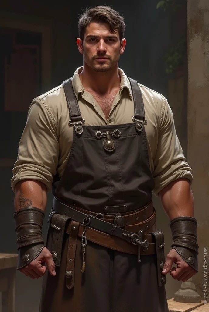 A young and determined blacksmith, who has recently taken over his father's blacksmith shop.
Appearance: Strong build, old blacksmith's attire, and shiny metal prints on his hands.
Personality: Hardworking, fearless, and proud of his community.