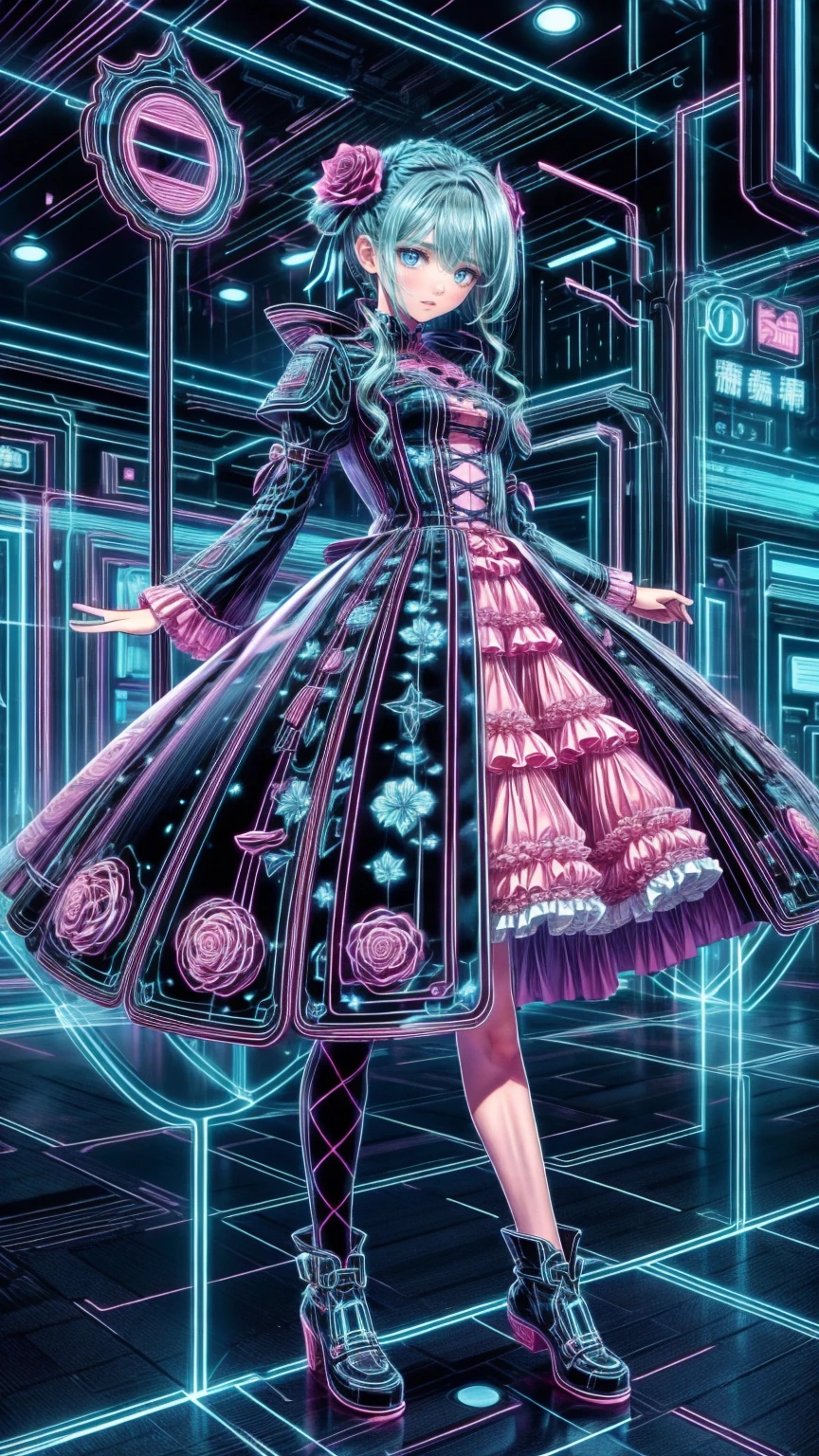 ( masterpiece : 1.2), (  very detailed: 1.2), (  very detailed CG: 1.2), (  high image quality: 1.2), (最  high image quality), 8k,  animated illustration  , 、  beautiful girl 、とても  cute天使、  pink gothic dress 、  cute、*********、smile、  long skirt、  Black Long Boots  、  grey pink pants ，Turquoise Eye，  cute女性 *****，street，  Candy Store  ， sign，European Buildings，slate paved  ，Rose flower，
