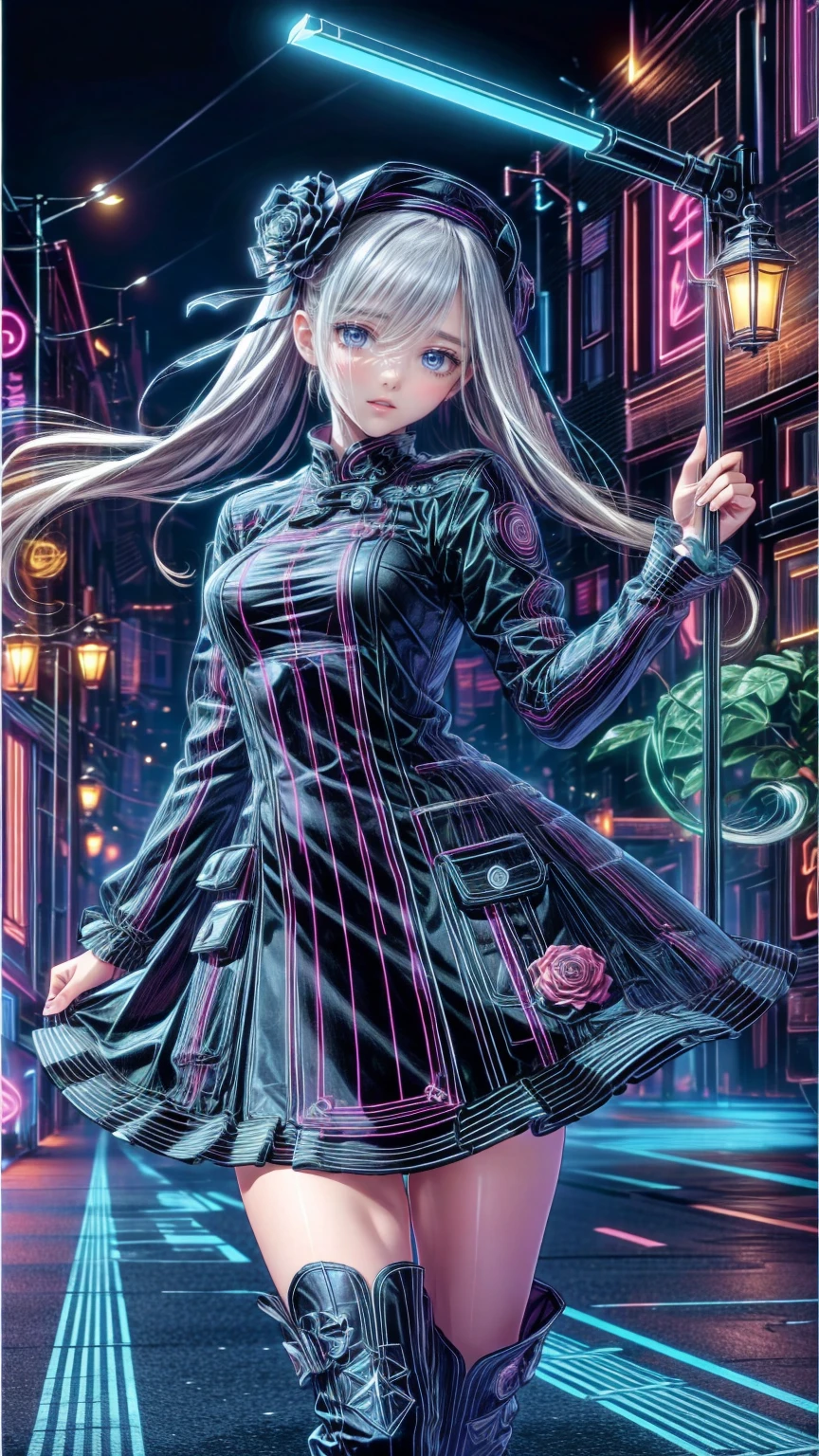 ( masterpiece : 1.2), (  very detailed: 1.2), (  very detailed CG: 1.2), (  high image quality: 1.2), (最  high image quality), 8k,  animated illustration  , 、  beautiful girl 、とても  cute天使、  pink gothic dress 、  cute、baby face、smile、  long skirt、  Black Long Boots  、  grey pink pants ，Turquoise Eye，  cute女性 *****，street，  Candy Store  ， sign，European Buildings，slate paved  ，Rose flower，
