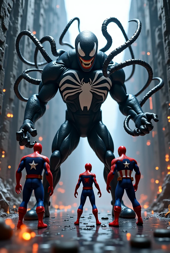 Venom extending his black, muscular symbiote tendrils to shield Spider-Man and Captain America from a hail of poisonous darts in a deadly maze." 3d