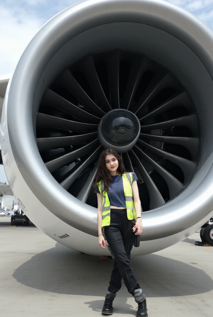 A photorealistic scene captures a young Turkish woman standing outdoors next to a colossal airplane engine placed on the tarmac of an expansive airfield. The engine, a towering marvel of aviation engineering, is scaled proportionally to emphasize its immense size compared to the woman. Its polished metallic surface reflects the soft light of a partly cloudy sky, and the intricate fan blades are rendered with razor-sharp precision, highlighting their sophisticated design. The background features the vast open expanse of the airfield, with distant hangars and grounded aircraft subtly blurred to keep the focus on the primary subjects.

The woman is positioned slightly off-center, standing confidently with a natural and relaxed posture. One hand rests lightly on her hip while the other hangs by her side. She is dressed in a neon yellow safety vest with reflective stripes over a well-fitted navy blue t-shirt, paired with slim black work pants and sturdy black boots suitable for the environment. Her jet-black hair falls naturally over her shoulders, subtly lifted by a gentle breeze, while her fair, white-toned skin reflects the soft daylight.

Her face is captured with exceptional clarity, ensuring her features are sharp and well-defined, avoiding any blurring. She has softly rounded cheeks, a defined jawline, and expressive, almond-shaped hazel eyes framed by thick, naturally arched eyebrows. Her straight, jet-black hair frames her face elegantly, while her nose is straight and proportionate, tapering slightly toward a rounded tip. Her full, naturally pink lips are shaped into a subtle, confident smile that conveys warmth and professionalism. The natural lighting casts soft highlights on her cheekbones and realistic shadows under her chin, adding depth and dimension to her face.

The camera angle carefully balances the immense scale of the airplane engine with the woman’s presence, creating a harmonious composition that celebrates both the grandeur of aviation technology