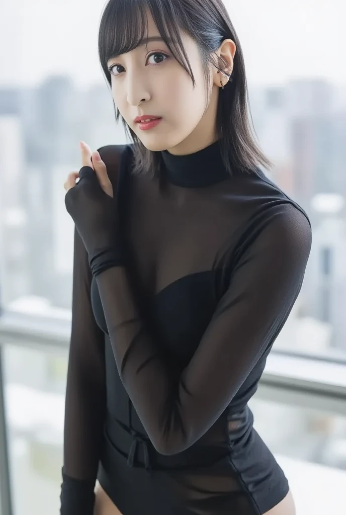 8k, RAW Photo, Best Quality, Masterpiece:1.2),(Realistic, photo-realistic:1.37), Super Detail, Wearing black pantyhose,She is wearing tight thin fitting transparent black long sleeve turtleneck, no skirts, transparent, cinematic lighting, sexy pose, monotone background, facing front, portrait, dressed up to the belly button, dressed up to the neck,black pantyhose,no pants,only pantyhose,no underwear 

