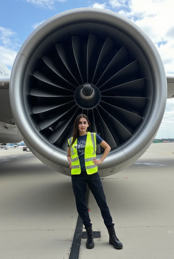 A photorealistic scene captures a young Turkish woman standing outdoors next to a colossal airplane engine placed on the tarmac of an expansive airfield. The engine, a towering marvel of aviation engineering, is scaled proportionally to emphasize its immense size compared to the woman. Its polished metallic surface reflects the soft light of a partly cloudy sky, and the intricate fan blades are rendered with razor-sharp precision, highlighting their sophisticated design. The background features the vast open expanse of the airfield, with distant hangars and grounded aircraft subtly blurred to keep the focus on the primary subjects.

The woman is positioned slightly off-center, standing confidently with a natural and relaxed posture. One hand rests lightly on her hip while the other hangs by her side. She is dressed in a neon yellow safety vest with reflective stripes over a well-fitted navy blue t-shirt, paired with slim black work pants and sturdy black boots suitable for the environment. Her jet-black hair falls naturally over her shoulders, subtly lifted by a gentle breeze, while her fair, white-toned skin reflects the soft daylight.

Her face is captured with exceptional clarity, ensuring her features are sharp and well-defined, avoiding any blurring. She has softly rounded cheeks, a defined jawline, and expressive, almond-shaped hazel eyes framed by thick, naturally arched eyebrows. Her straight, jet-black hair frames her face elegantly, while her nose is straight and proportionate, tapering slightly toward a rounded tip. Her full, naturally pink lips are shaped into a subtle, confident smile that conveys warmth and professionalism. The natural lighting casts soft highlights on her cheekbones and realistic shadows under her chin, adding depth and dimension to her face.

The camera angle carefully balances the immense scale of the airplane engine with the woman’s presence, creating a harmonious composition that celebrates both the grandeur of aviation technology