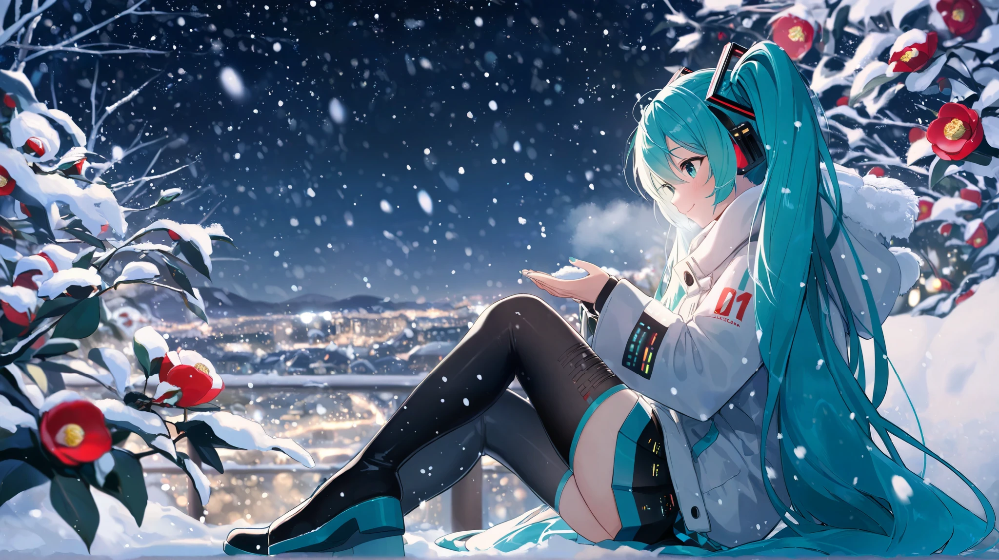 hatsune miku, medium breasts, medium size butt, milf, 30yo, casual winter clothes, winter, snowfall