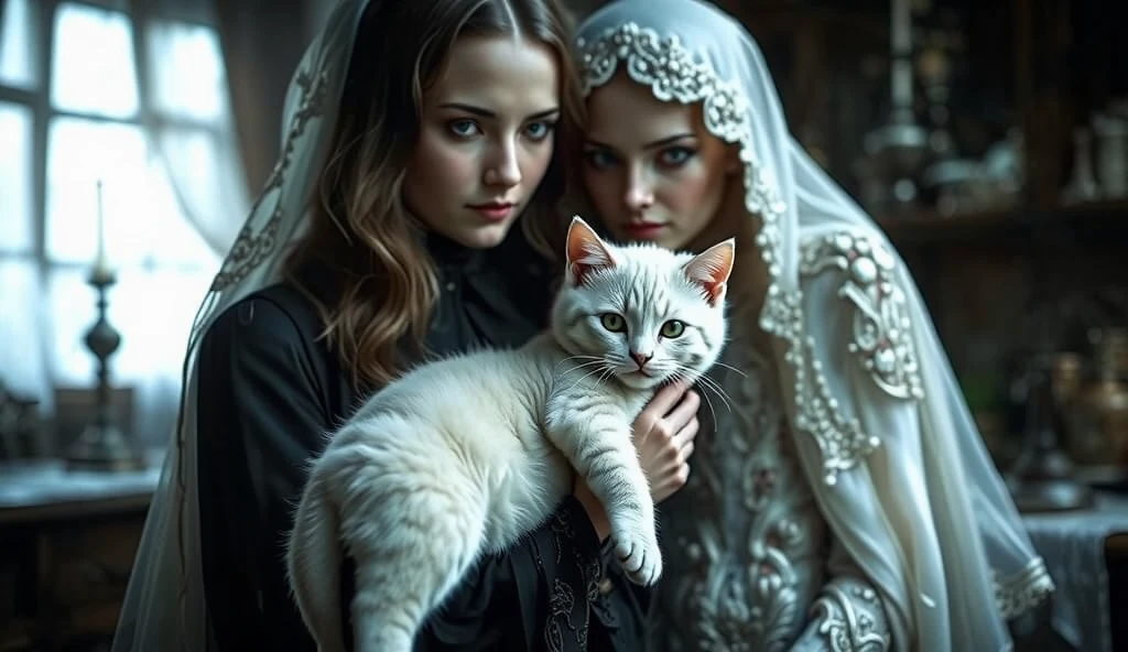  Two witch girls hold a pure white kitten that they have just rescued. They cradle the kitten to keep it warm, their faces showing deep emotion and contentment. The scene is full of dynamic action and intricate details, including the velvety hands, the ornate clothing, and the kitten's soft fur. The background suggests an ancient kitchen with dim lighting and dramatic contrasts. The atmosphere captures a touching moment of compassion and love.