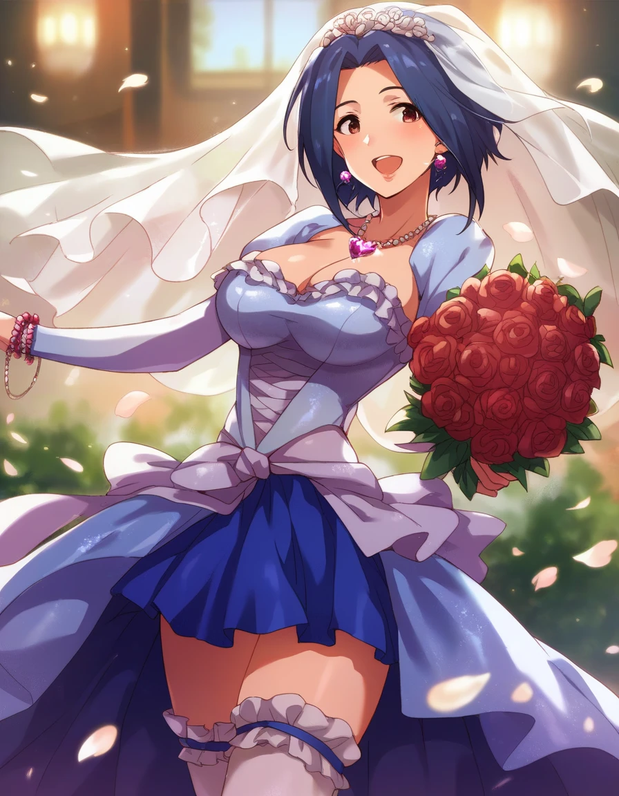 score_9, score_8_ up, score_7_ up,  Source_Anime,
rating_sensitive,  sexually explicit, 
 1 girl, Alone, wedding,  is standing,  happy , joy,   open lips,  Holding a Bouquet , The white petals are dancing, 
 Murasu ,   very long hair ,  Blue Hair,  ,   brown eyes,  red eyes,  Big Breasts, 
wedding dress,  luxury,  lace trim , Detailed embroidery,  bridal veil ,  bridal gauntlets,  bridal garter,  bridal legwear , 
 earrings for women with first name,  necklace,  Bracelet ,  wedding ring, short skirt