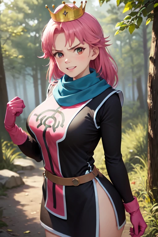 masterpiece,  top quality ,  Primam,  medium hair,  blue scarf, crown,  Short Dress , pink tabard,  black sleeves , belt,  gloves,  watching viewers, :d, Frowning, forest,  Big Breasts,  watching viewers, smile,  putting hands on the lower back , village, forest