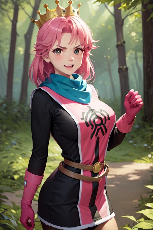 masterpiece,  top quality ,  Primam,  medium hair,  blue scarf, crown,  Short Dress , pink tabard,  black sleeves , belt,  gloves,  watching viewers, :d, Frowning, forest,  Big Breasts,  watching viewers, smile,  putting hands on the lower back , village, forest