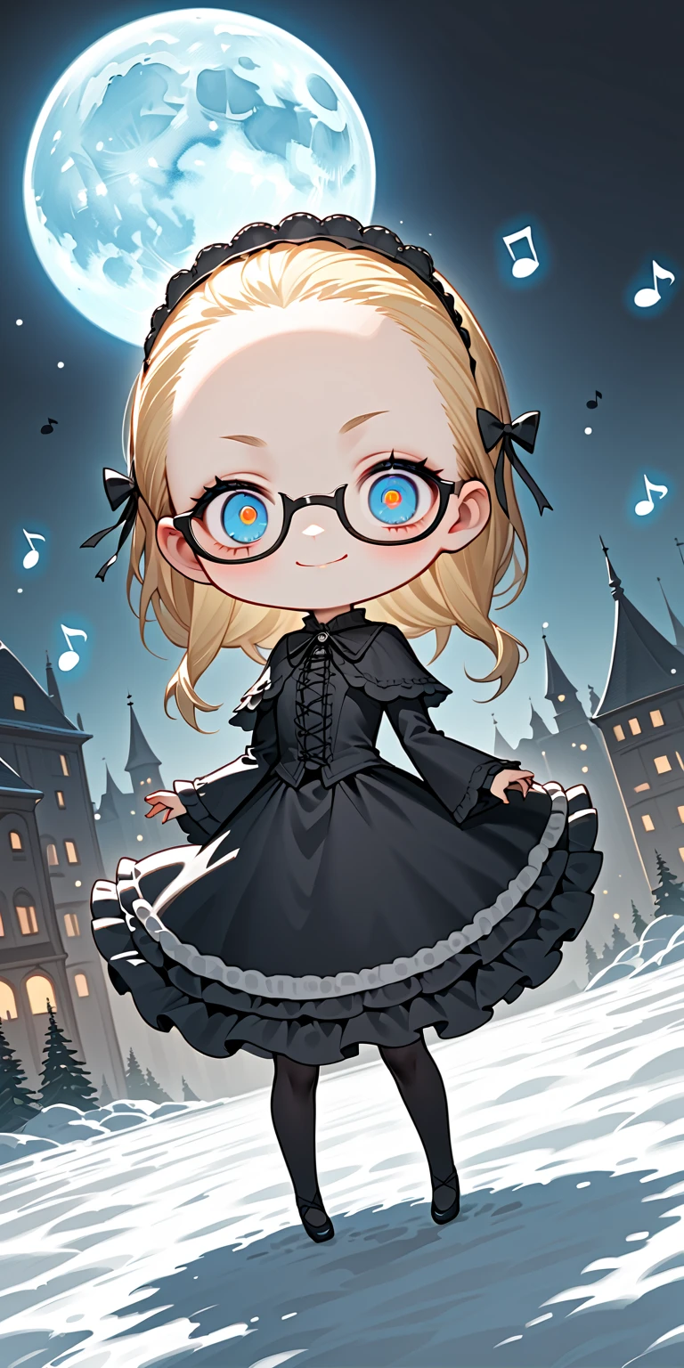 solo,1girl\(skinny,flat chest, short height,(shiny forehead),short (Slicked back hair:1.3),Beautiful (blonde:1.3) hair,(blue eyes),detailed pupils,(black glasses\(nodoka, thick frame, square glasses\):1.3), (blue eyeshadow), thin eyebrows, thick black eyeliner, shiny eyes, long eyelash, cute, (upturned eyes:1.3), (short gothic-lolita dress\((tight:1.2),many ribbon \):1.5), (evil smile:1.2), (dancing),music notes, (flying in air:1.4),(body floating in air:1.3), full body, dynamic pose\). BREAK .background\((skull moon),(white ice fairy:1.3), (snow dropping:1.5)\),(cityscape:1.3),(dynamic angle:1.4),from below. BREAK .quality\(8k,wallpaper of extremely detailed CG unit, high resolution, top-quality, top-quality real texture skin, hyper realistic, increase the resolution, RAW photos, best quality, highly detailed, the wallpaper, golden ratio, high saturation realism, vibrant colors, dramatic lighting, persuasive storytelling, atmospheric scenery, captivating visuals, intricate details, strong emotions, dreamlike world\),(solo:1.3)