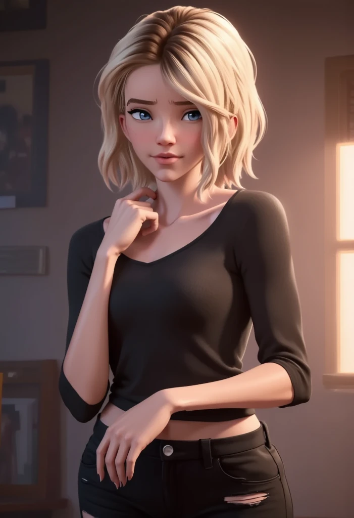 realistic, realism, photorealism, photo-realistic, high contrast, (photorealistic:1.4), (perfect female figure), 8k high definition detailed realistic, NSFW, (best quality, masterpiece:1.2), photon mapping, radiosity, physically-based rendering, best quality, highly detailed, 1girl, sgwen, indoor, school, school uniforms, skirt, pantyhose, full body, wearing a sexy top, ((black lingerie bra))