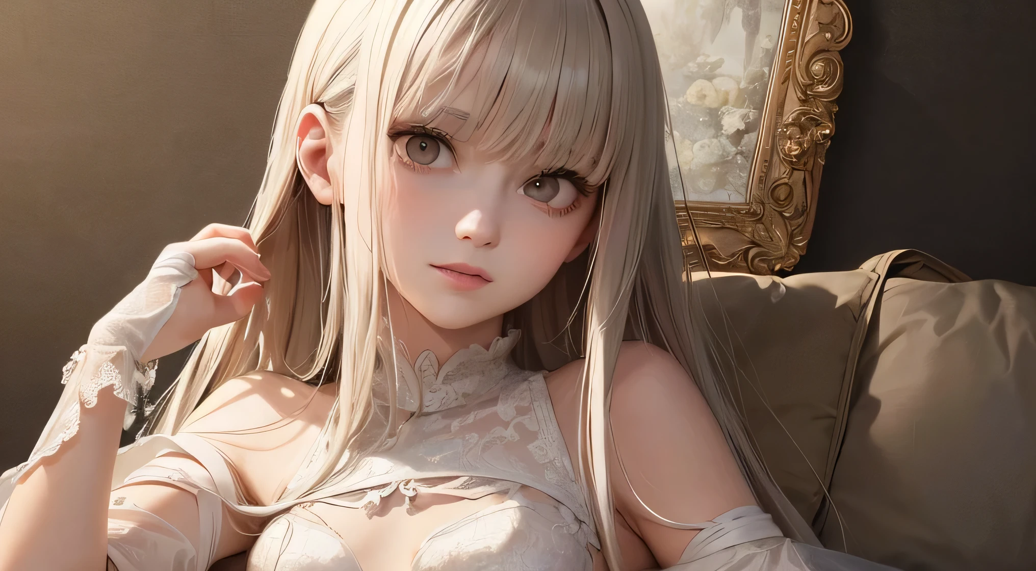 ( best quality, ultra-detailed), (best illumination, best shadow, an extremely delicate and beautiful), dynamic angle, floating, finely detail, Depth of field, (bloom), (shine), glinting stars, (illustration), (painting), (sketch), (solo), bishoujo, light, best, medieval, anceril sacred, ornate, colorful, golden, silver, blue, semstone color, aura, backlight, strong rim light, ray tracing, cinematic angle, {1girl}, adorable girl, anime girl, holy virgin, expressionless, very long hair, grey hair, (((detailed eyes))), ((yellow eyes)), looking at viewer, expressionless, small breasts, lace-trimmed dress, white dress, white garter straps, halo, tiara, hair ornament, jewelry, ribbon choker, pendant, heaven, churches, behind the virgin is the huge golden church