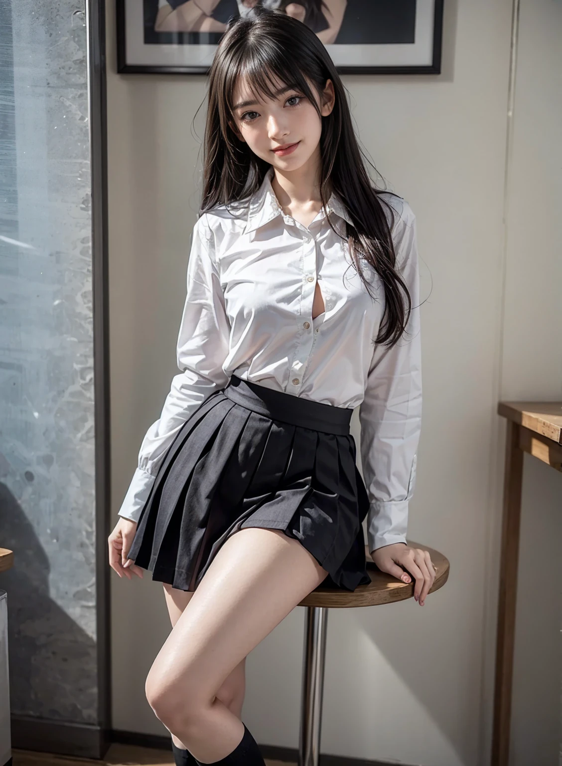 (hyperrealistic), (illustration), (high resolution), (8K), (extremely detailed), (best illustration), (beautiful detailed eyes), (professional), (photorealistic), (post-processing), (max detail),roughness, (best quality), (super detailed), (masterpiece), (wallpaper), (detailed face), (hard small nipple shadows: 1.6),((Perfectly detailed five-fingered hand)),ung girl, (19 years old),(korean beauty :1.2), (double eyelids), (delicate face:1.2), (high nose), (plump lips), (porcelain white skin:1.2),slim waist, (big breasts:1.4), long legs, big butt, firm abs, ((Five-toed feet with perfect proportions and details)), necklace, look at the viewer,earrings ,(Curly hair:1.2),(in an empty school hallway:1.2),,(shirt,Blue blouse uniform:1.3),(underwear,Lace briefs:1.3),(,skirt,skirtlift:1.4),(comfortable standing position:1.2),