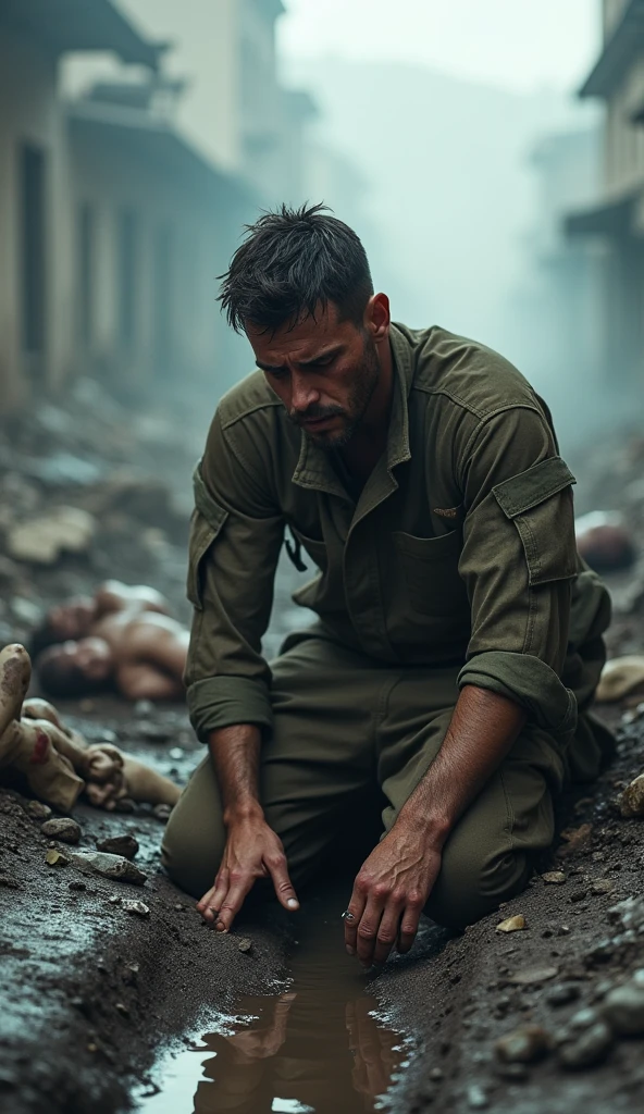 A crying and wounded soldier kneels in a war-torn scene, tears streaming down his face as he mourns the devastation around him. His injured body bears the marks of battle, surrounded by the lifeless and dying bodies of his comrades. 