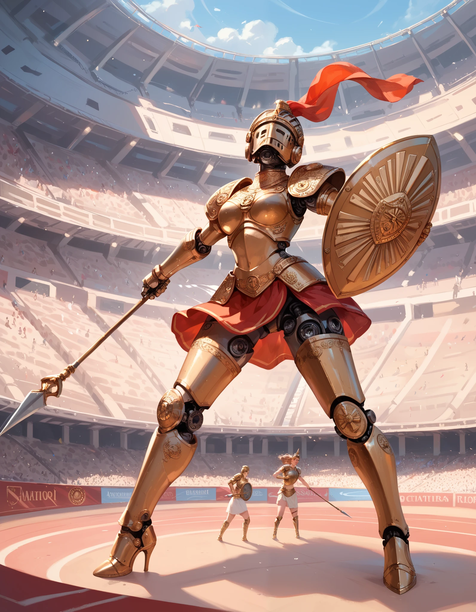 Ancient Rome, Colosseum, Robot Gladiator from the future, female, mechanical body, full body armor, (holding short spear in right hand), (holding small shield in left hand) (metal thigh high pumped stiletto boots), fighting