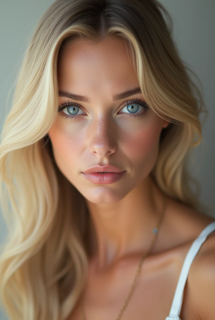 A gorgeous, alluring, and hot blond woman, aged around 30, poses nude for an enticing photoshoot, inspired by the legendary photographer Helmut Newton. The image, capturing her seductive allure, is rendered in photo-realistic detail with a wide angle lens (6.0) and an aspect ratio of 2:1. Her golden locks cascade down her bare shoulders, framing her chiseled features with bleached highlights. Her captivating blue eyes, encircled by thick, luscious lashes, fixedly meet the viewer's gaze, exuding an air of irresistible charm and confidence. Every detail of her lush