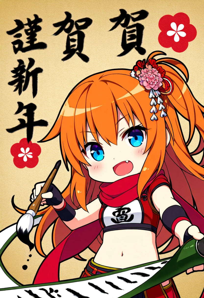 1girl, solo, long hair, looking at viewer, blush, smile, open mouth, blue eyes, gloves, navel, upper body, fang, midriff, fingerless gloves, chibi, scarf, orange hair, one side up, red scarf, paintbrush, scroll, calligraphy brush, kanzashi, holding paintbrush, holding brush