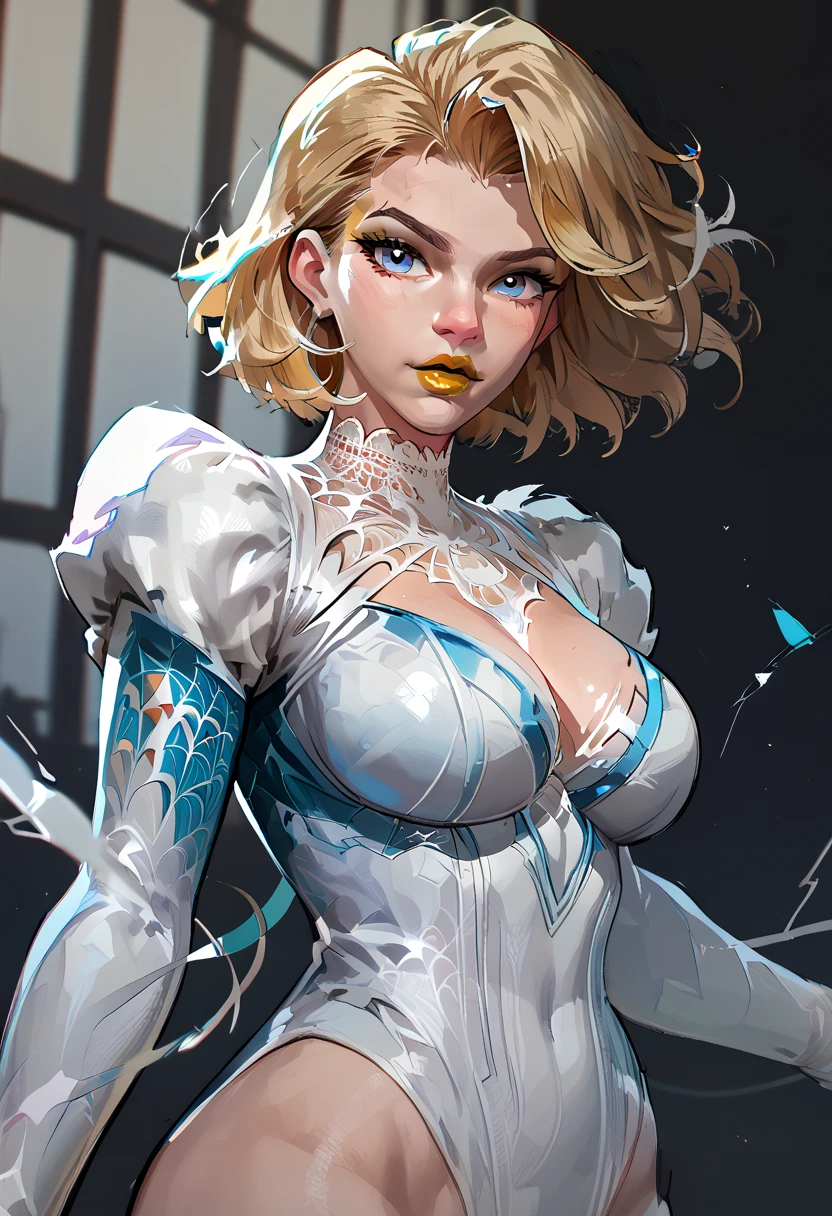 woman, blonde hair, blue eyes, white skin, big breasts, yellow lipstick, anime style, Gwen Spider