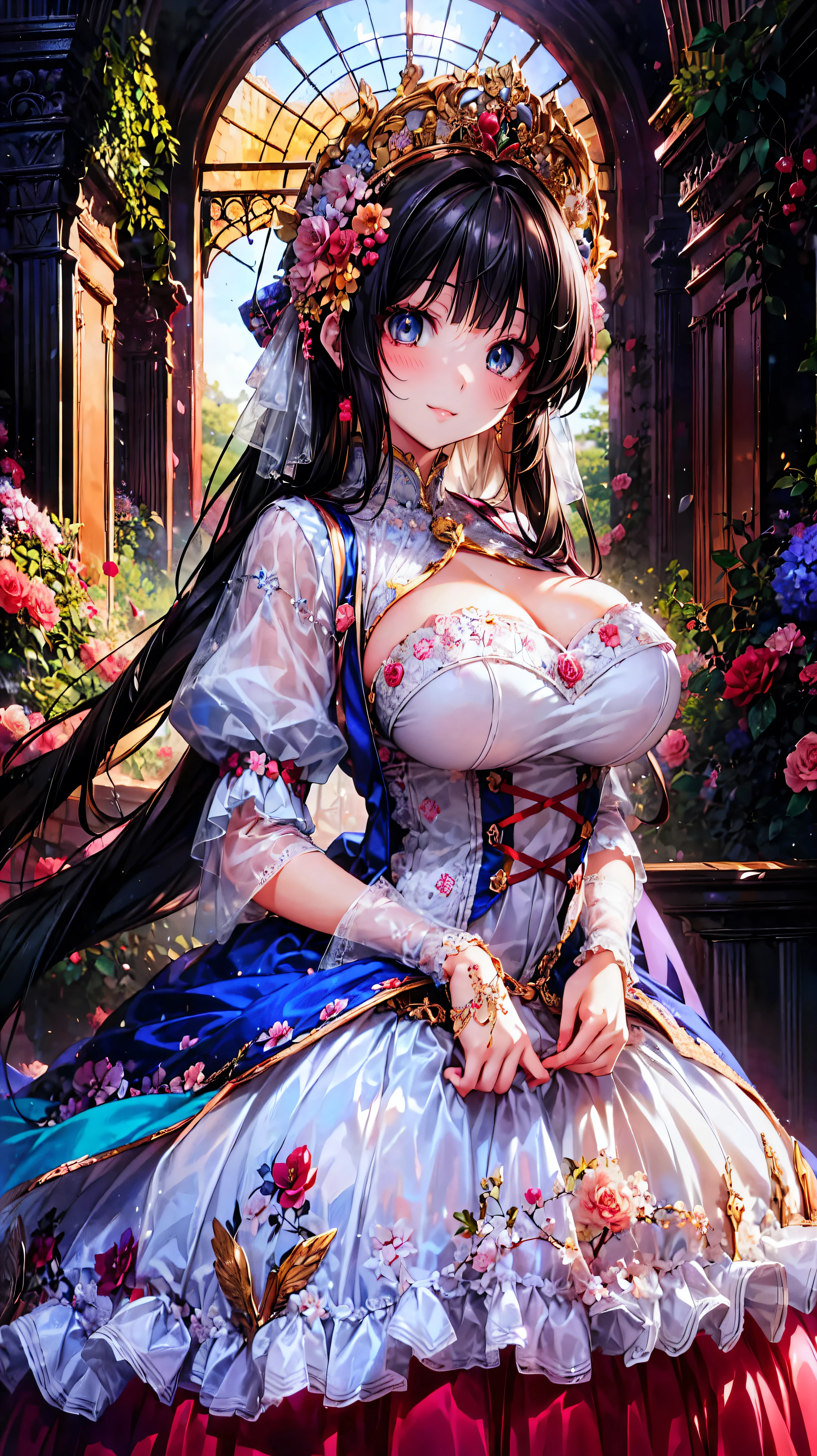  medieval Europe , Lady,  Floral Crinoline Hoop Skirt, red petticoat dress ,  big breasts, hyper detailed beautiful eyes,  hair ornament, Fluffy, (((smile))), (anime moe art style:1.3),