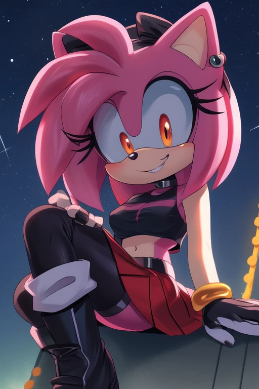 ((masterpiece)) ((UHD)) 4K, Super detailed, ((detailed shadowing)) Female anthropomorphic hedgehog, Amy Rose, mobian, dark pink fur, furry, Anime style art, Studio Quality, Atractive, Cute, gorgeous body, close up portrait, Best Quality, High resolution, breasts, midriff, multicolored hair pink messy, frizzy, short Punk Hair with red highlights, black hairbow, long bangs, redish orange eyes, dark blue eyeshadow, shiny red crop top, ((red bracelets)) , black gloves, black choker, earrings, ((red skirt with black vertical stripes and a white fringe)), ((black & red boots)), ((red and black striped stockings)), creepy smile, wide- eyed, crazy, bonkers, unhinged, shes a rascal and a trouble-maker. Looking down at viewer, ((nighttime)) ((starry sky)) ((ambient lighting)) (cinematic lighting)) creepy carnival background