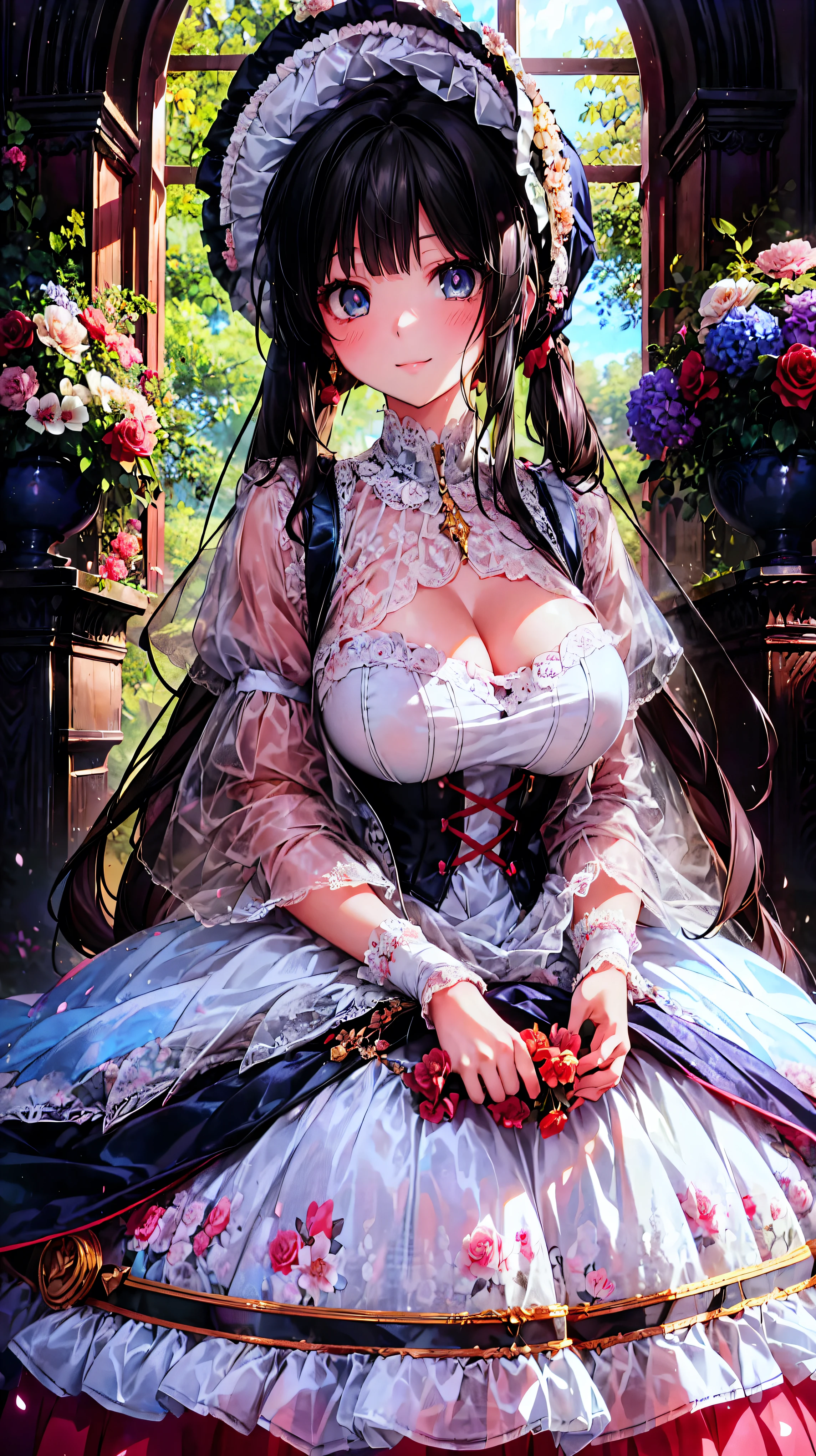  medieval Europe , Lady,  Floral Crinoline Hoop Skirt, red petticoat dress ,  big breasts, hyper detailed beautiful eyes, bonnet, Fluffy, (((smile))), (anime moe art style:1.3),