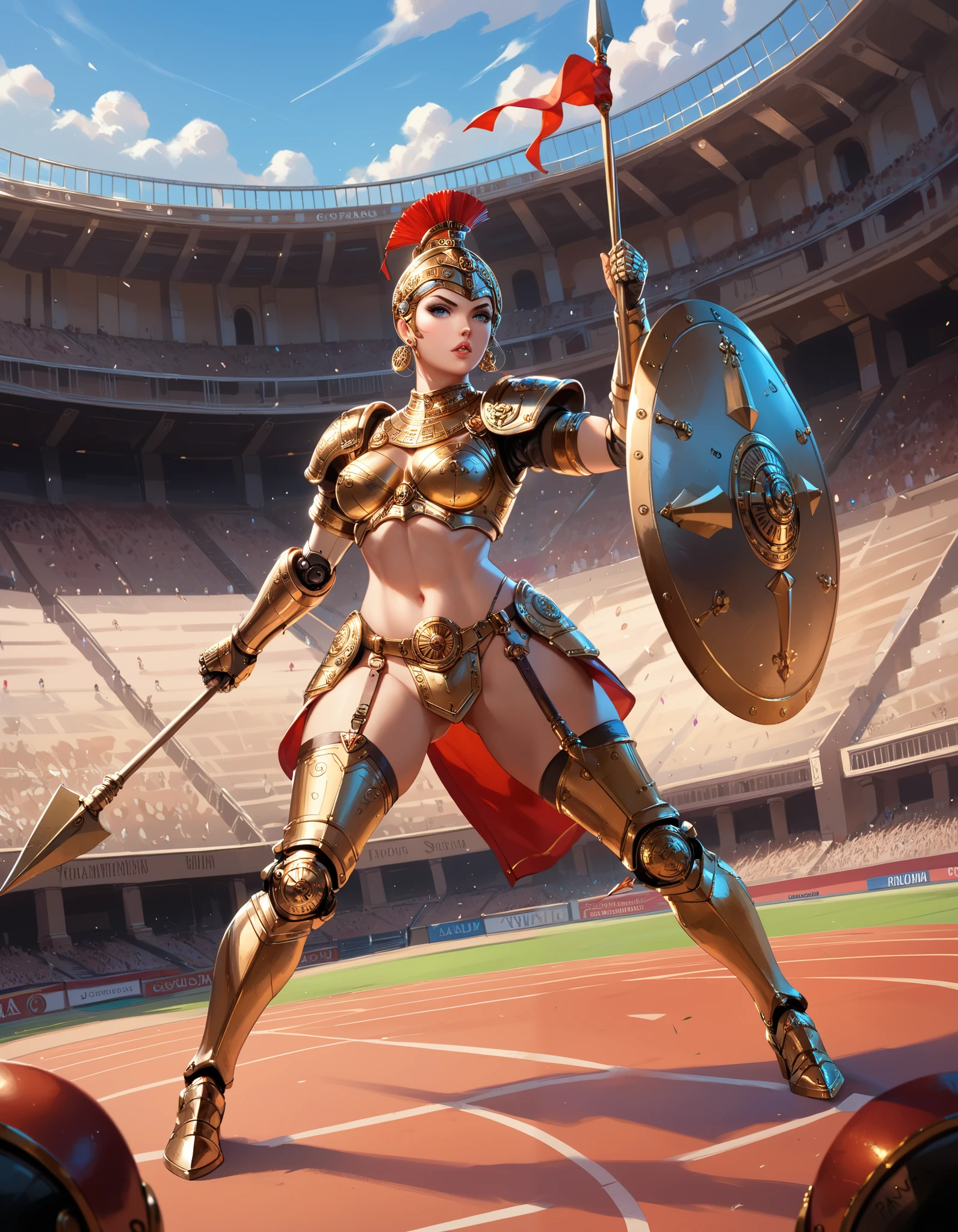 Ancient Rome, Colosseum, Robot Gladiator from the future, female, mechanical body, full body armor, (holding short spear in right hand), (holding small shield in left hand) (metal thigh high pumped stiletto boots), fighting