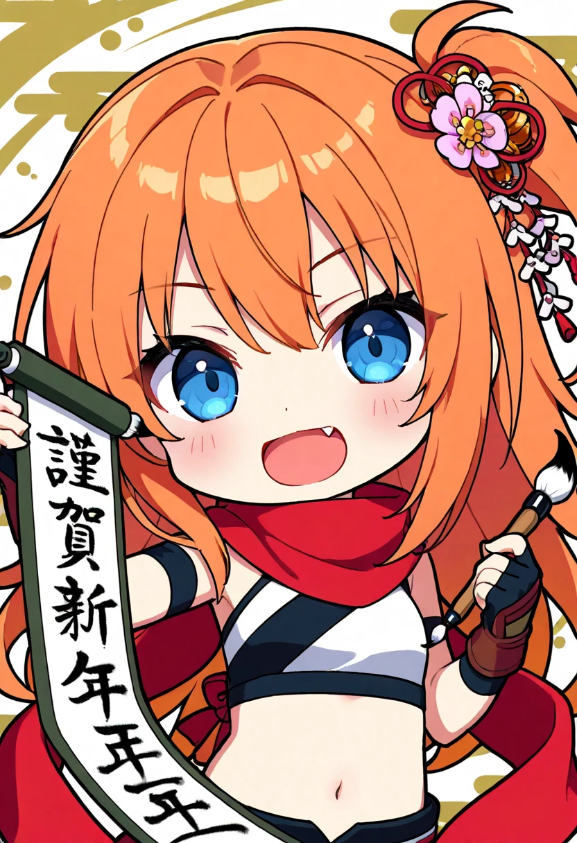 1girl, solo, long hair, looking at viewer, blush, smile, open mouth, blue eyes, gloves, navel, upper body, fang, midriff, fingerless gloves, chibi, scarf, orange hair, one side up, red scarf, paintbrush, scroll, calligraphy brush, kanzashi, holding paintbrush, holding brush