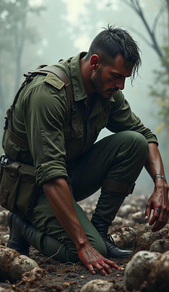 A crying and wounded soldier kneels in a war-torn scene, tears streaming down his face as he mourns the devastation around him. His injured body bears the marks of battle, surrounded by the lifeless and dying bodies of his comrades. 