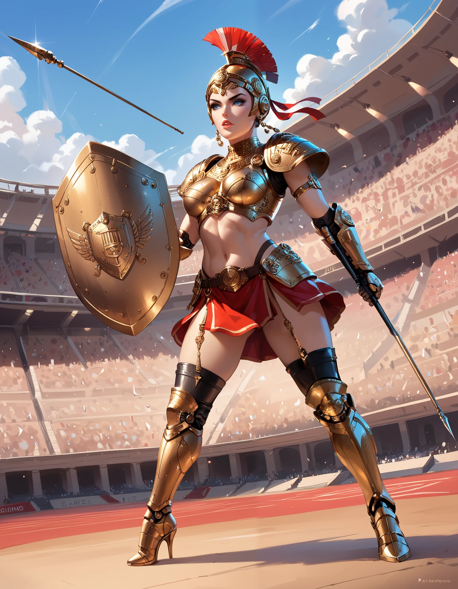 Ancient Rome, Colosseum, Robot Gladiator from the future, female, mechanical body, full body armor, (holding short spear in right hand), (holding small shield in left hand) (metal thigh high pumped stiletto boots), fighting