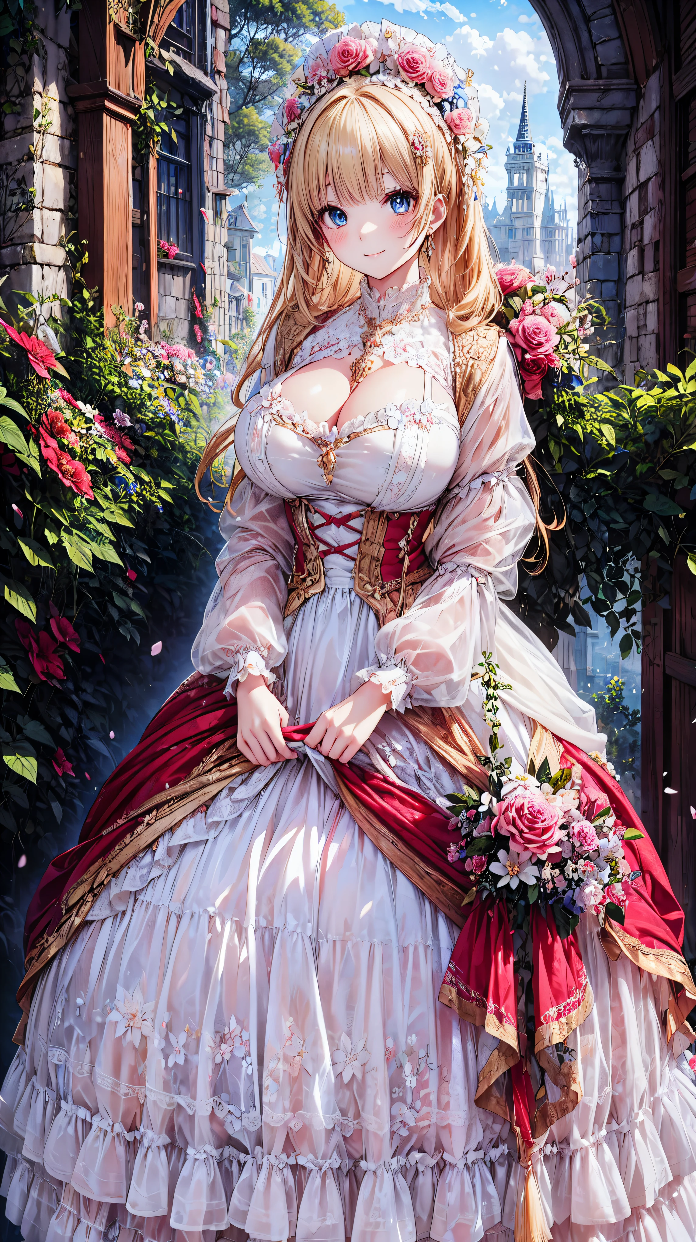  medieval Europe , Blonde, Lady,  Floral Crinoline Hoop Skirt, red petticoat dress ,  big breasts, hyper detailed beautiful eyes,  hair ornament, Fluffy, ((smile)), 