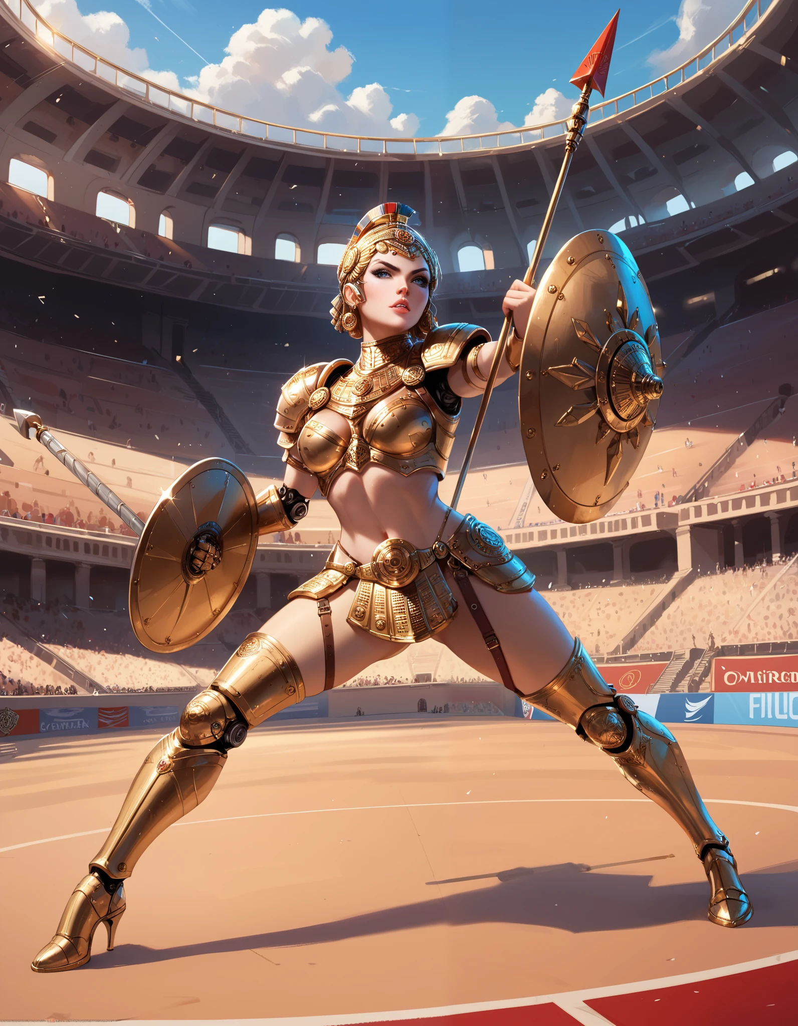 Ancient Rome, Colosseum, Robot Gladiator from the future, female, mechanical body, full body armor, (holding short spear in right hand), (holding small shield in left hand) (metal thigh high pumped stiletto boots), fighting