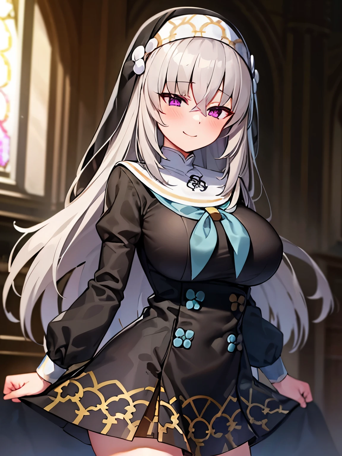 Top Quality Masterpiece High Resolution Utazumi Sakurako, Silver Hair, Purple Eyes, Black Veil, Sister, Light Blue Ribbon, Miniskirt, Smile, Shy Solo, Moderate Breasts, Big Breasts, Glamour Melo Melo Dele, Gold Decor, Wimple Church, Black Wimple, Black Clothes, Blushing, Black Bandana, Cowboy Shot, Honey Trap