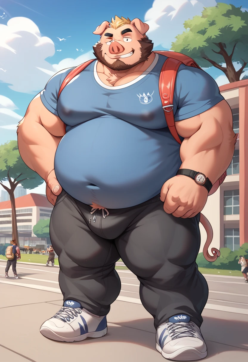 Scribble Pig face,furry(Pig), chubby, big large chubby, big large belly, big strong muscle,( black eyebrows :1.1),(perfect eyes), fur，alone,（artist:takemoto arashi),（jock:1.3）， standing, Sneakers，mischievous smirk,（ brown beard :1.3），（Civil :1.3, Hoodi, pants, backpack) pig (Massiv:3.0, ( heavyweight , strong,Macro, Emphasize, stands next to buildings,)), background((university campus park)),