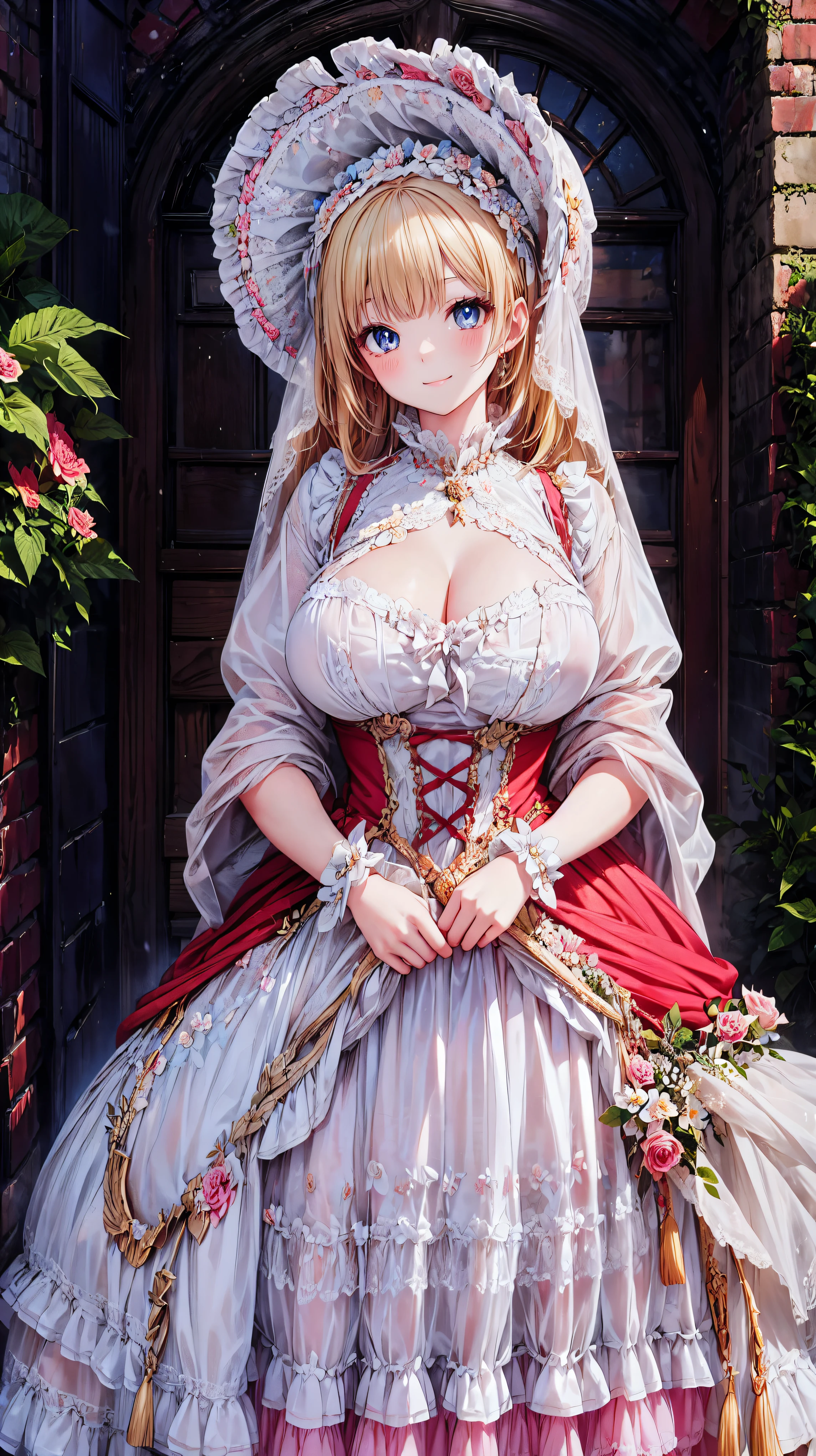  medieval Europe , Lady, Blonde,  Floral Crinoline Hoop Skirt, red petticoat dress ,  big breasts, hyper detailed beautiful eyes, bonnet, Fluffy, ((smile)), 