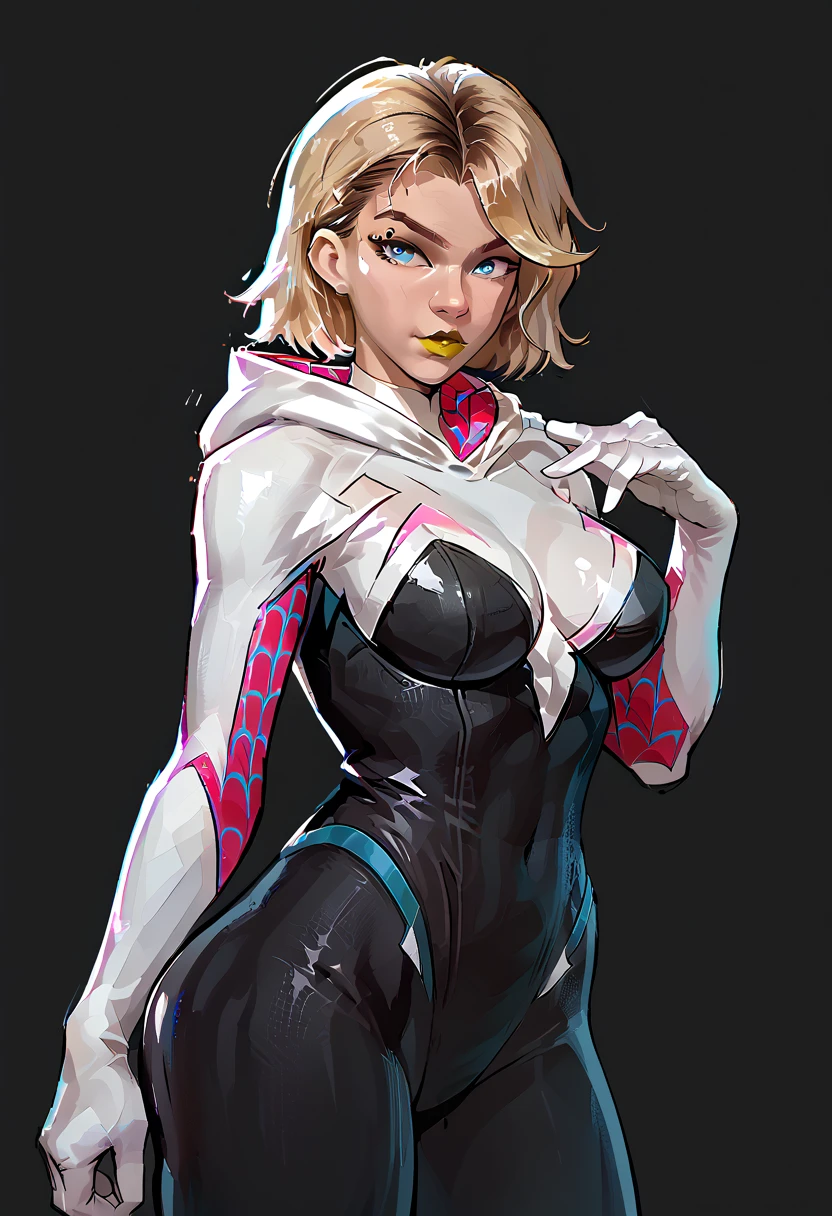 woman, blonde hair, blue eyes, white skin, big breasts, yellow lipstick, anime style, Spider Gwen, Gwen Stacy