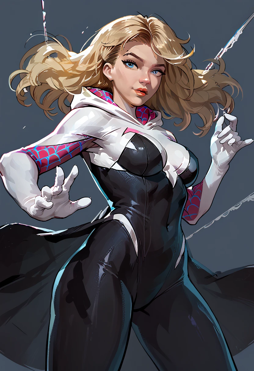 woman, blonde hair, blue eyes, white skin, big breasts, yellow lipstick, anime style, Spider Gwen, Gwen Stacy