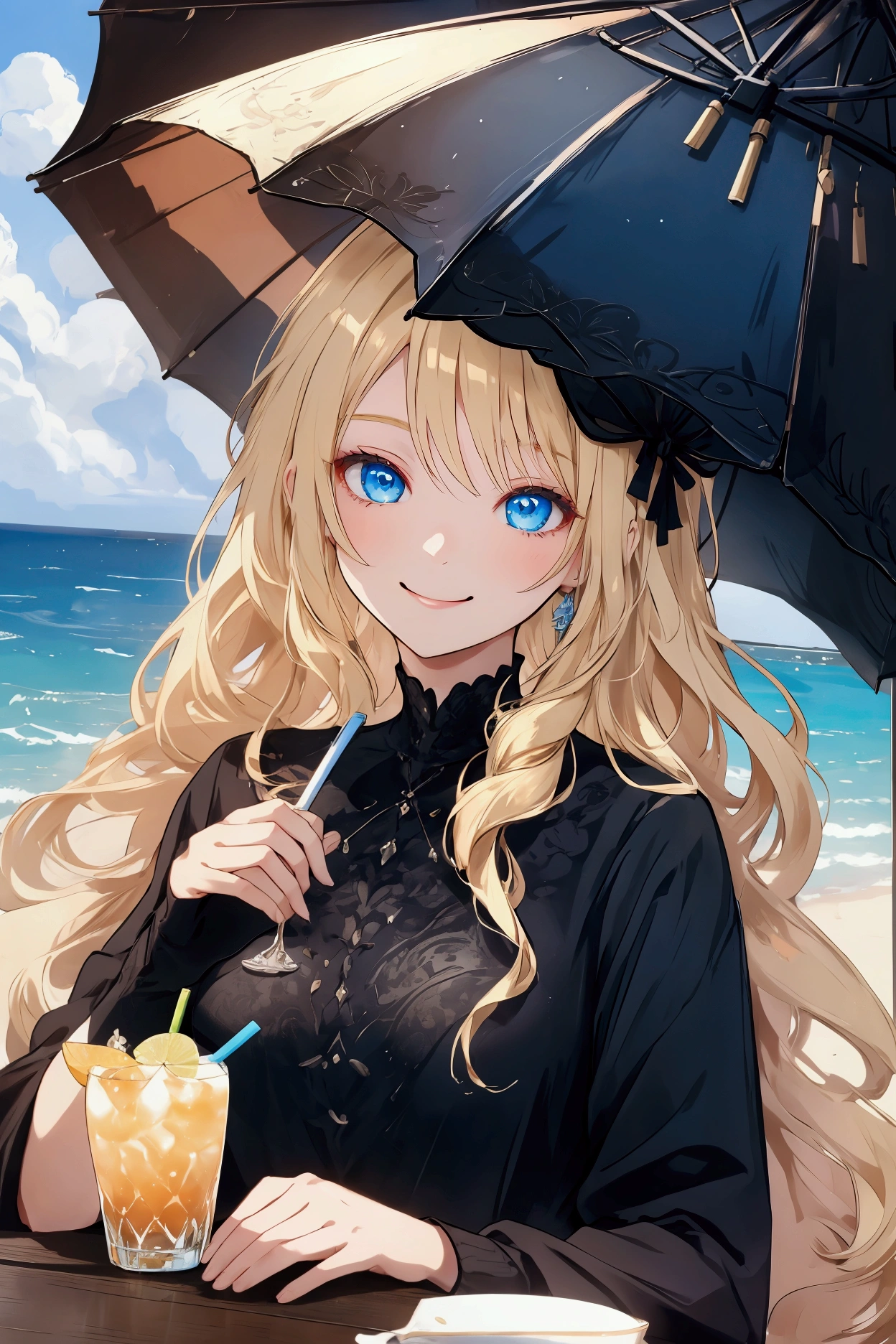 Sitting down, Enjoying sunlight, Black umbrella, Shades, blonde hair, Blue eyes, casual attire, Smiling, beach, table with drink 