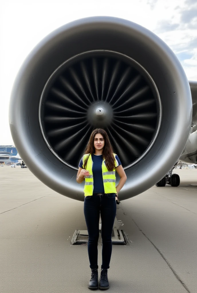 A hyper-realistic scene shows a young Turkish woman standing next to a massive airplane engine on the tarmac of a vast airfield. The towering engine’s polished metallic surface reflects the soft light of a partly cloudy sky, with intricate fan blades rendered in sharp detail. The background shows distant, blurred hangars and grounded aircraft, emphasizing the engine's immense scale.

The woman stands confidently, slightly off-center, wearing a neon yellow safety vest over a fitted navy blue t-shirt, black work pants, and sturdy boots. Her jet-black hair falls naturally over her shoulders, gently lifted by the breeze. Her fair skin reflects the daylight, and she has expressive facial features, almond-shaped hazel eyes, and a subtle smile. However, her face does not resemble any specific person, ensuring a unique and original appearance.

The focus is on the interplay between the vast scale of the engine and the woman’s confident posture, with every detail from the engine’s metallic textures to her attire rendered in hyper-realistic clarity.