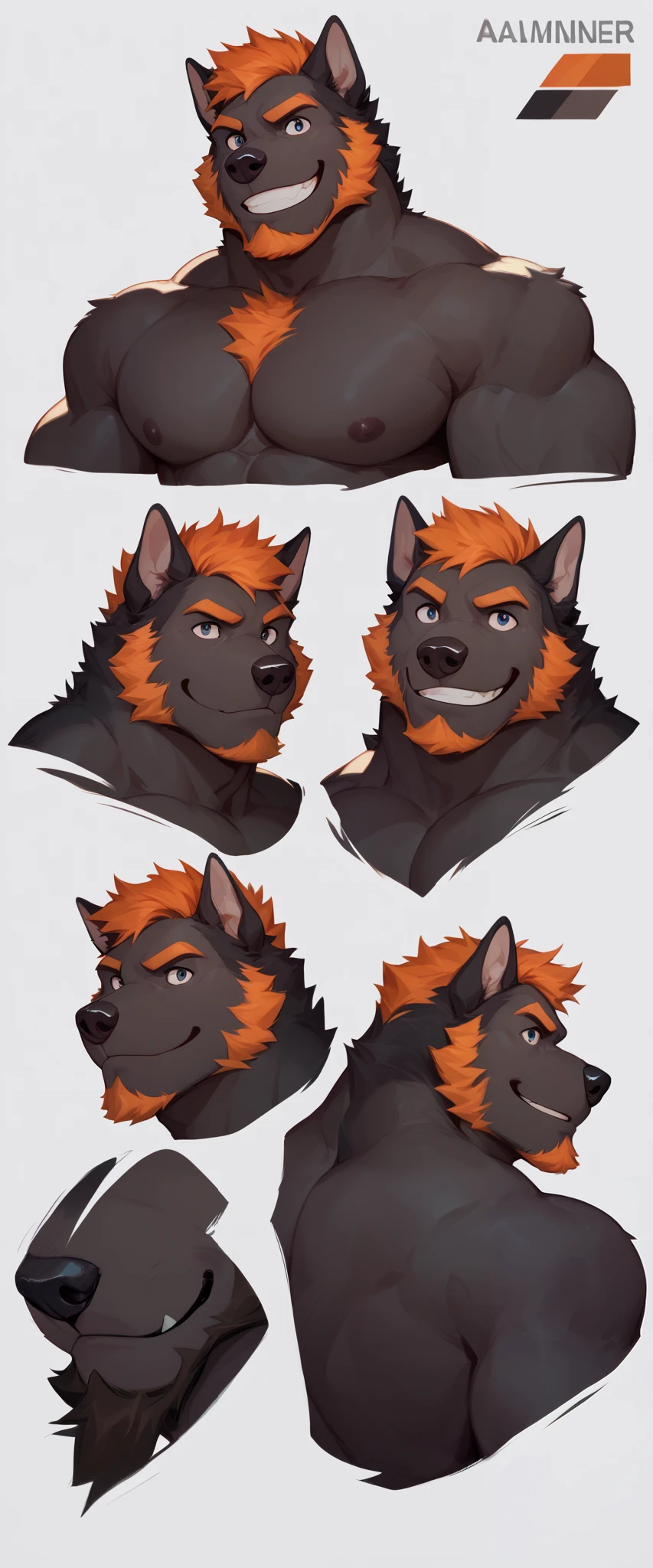 Wolf archer. Portrait. Head and pectorals focus. Masculine, buff, broad shoulders, Full body, black fur, orange highlights, beard, nude, dog sheath, character sheet, smile,