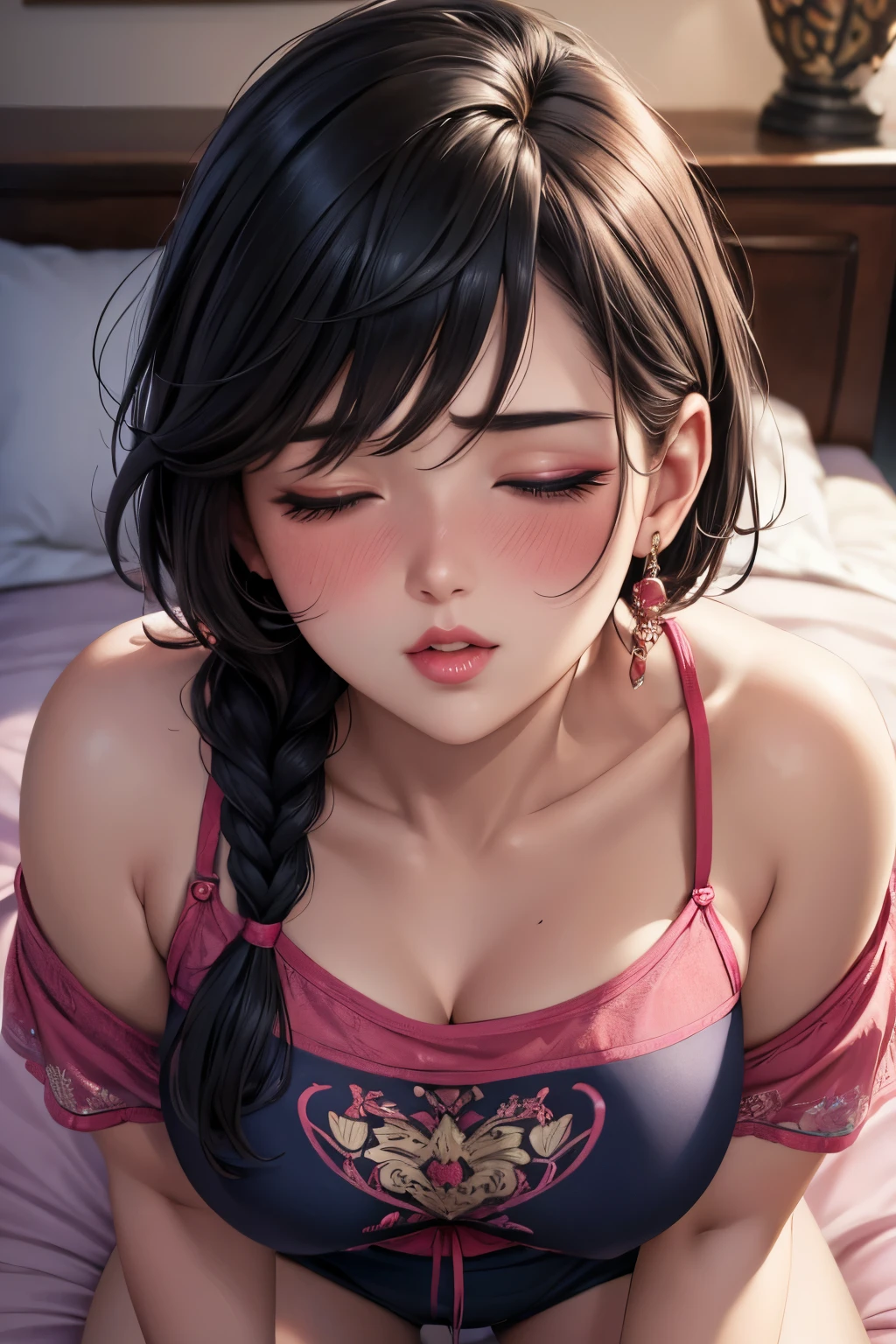 Sexy woman, black hair, single braid, seductive eyes, intense gaze, mouth parted, deep blush, flustered, beautiful face, amazing makeup, off shoulder t shirt