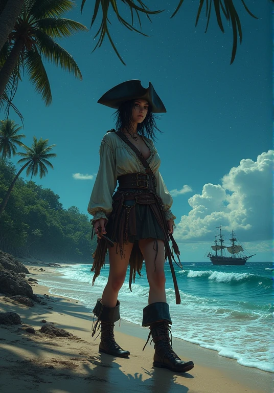 ( Halle Berry, as pirate, pirate bondaged as prisoner: tied up with heavy rope, long dress torned, slender legs, captain hat, Long boots, wet skin, sweating, female, 35yo, long hair, screming ), realistic fantasy. 3d
