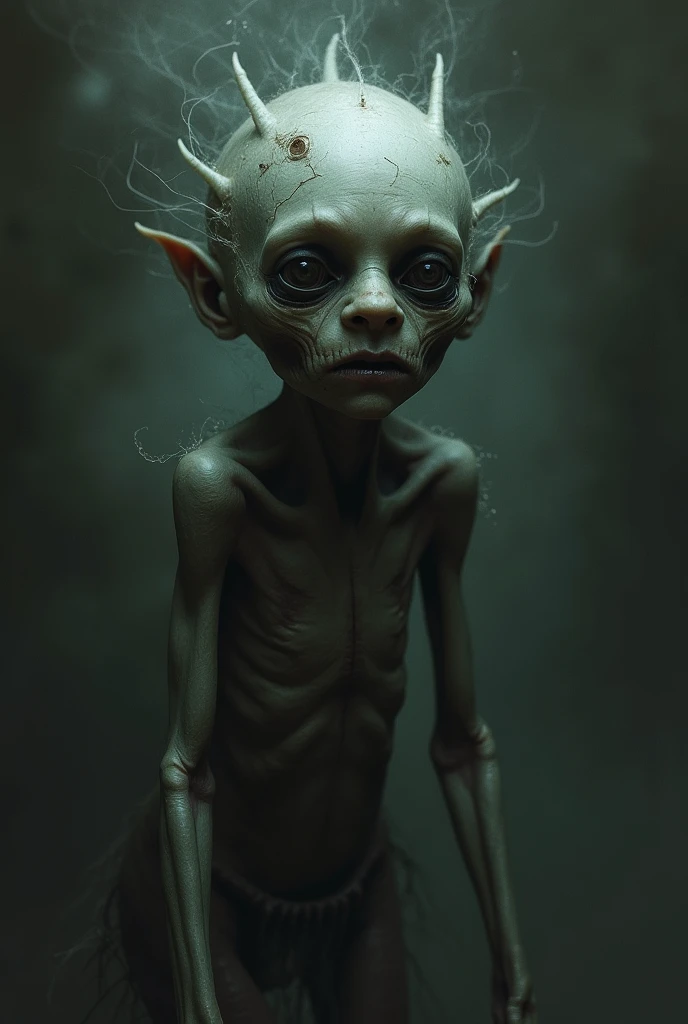 Best image quality, masterpiece, creature with round human face, crying expression, sitting with arms around legs, snowy forest background, detailed skin expression, detailed image texture, eerie, horror, creepy atmosphere (not AI image), cloudy weather.