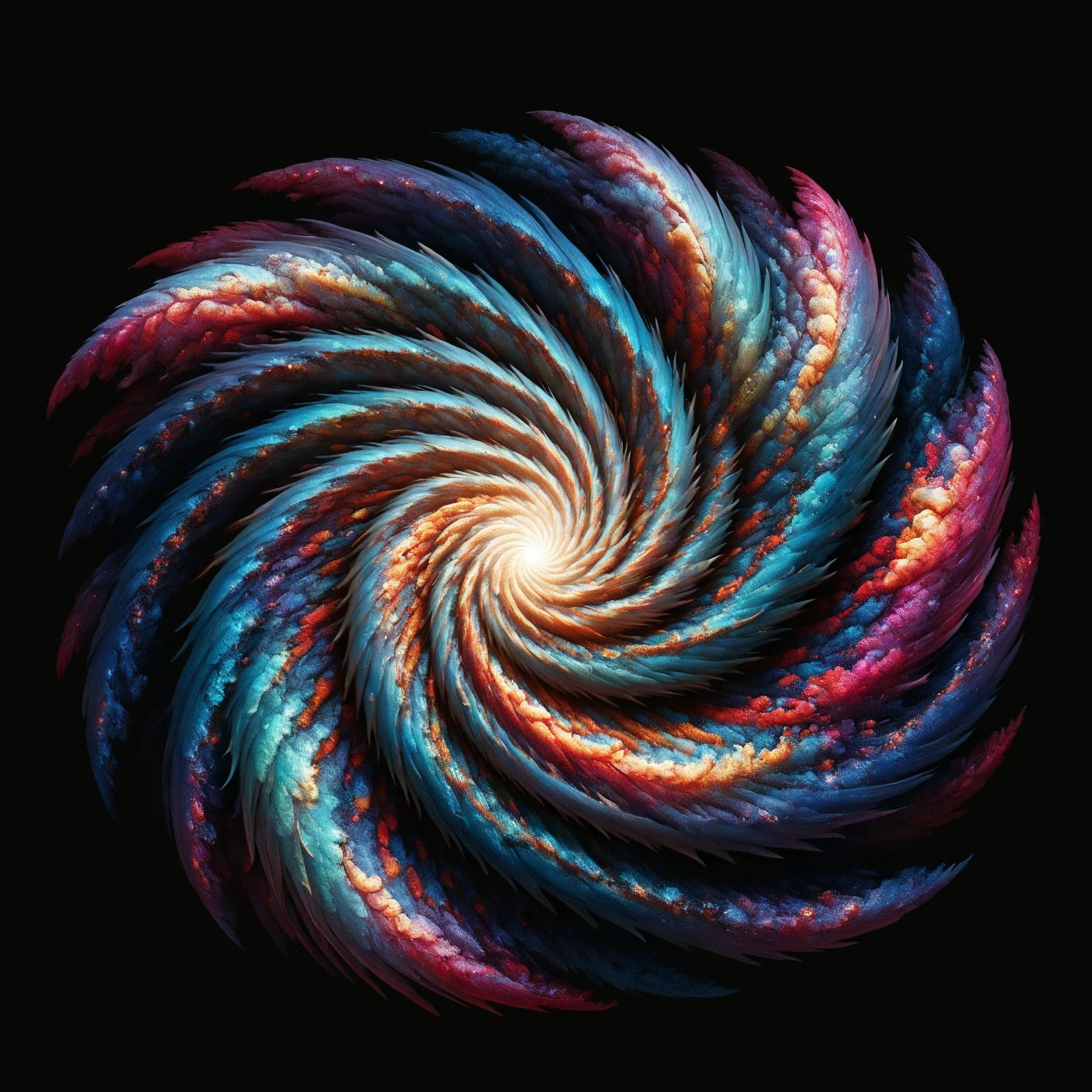 Create a 3d masterpiece from this swirling spiral image. Depth of field, UHDR, Give some realistic texture to go with the colors in a way that will make the image of appear to come right off the screen at the viewer. Attention to detail on the patterns on the arms of the spiral . Fractal will build up the patterns make sure denoising doesn't take out the color in the image. Make everything pop with realistic looking features and professional level quality artwork. Highers, Cinematic photography, cinematic portrait, cinematic lighting, portrait photography, hyperrealism, ultra detailed images, award winning, God rays, backlighting with depth of field and realism a priority. Icon style imagery. Iconic features to the extreme. Dramatic cinematography, ultra-fine painting, sharp focus and clean clear ink highlighted artwork. Photorealistic and third dimensional work. Awe inspiring, stunning, beautiful, iconic style, masterpiece. Give the image extra super saturated colors to offset the denoising.