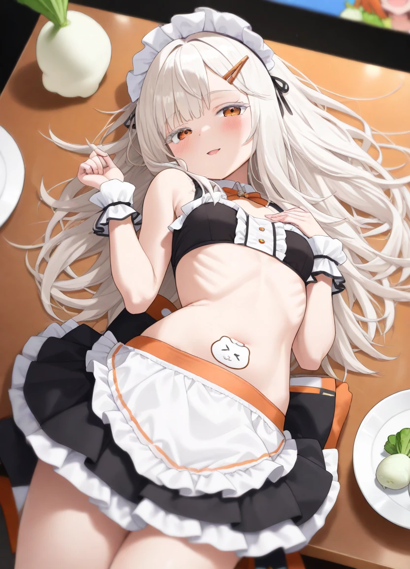 ((Masterpiece, best picture quality, high quality, super high quality, depth of field, 4K, high definition)), Hiro Shinozawa, slender, half open eyes, dark orange eyes, white eyelashes, white blond hair, long hair, hairpin, small breasts, thin belly, ribs, small mouth, maid outfit with belly, thin body,
((supine on long table, Japanese radish on belly, idol event venue, white paste on table plate)), shy, expressionless, (smile: 0. 3), open mouth, (blush: 0. 5), cowboy shot