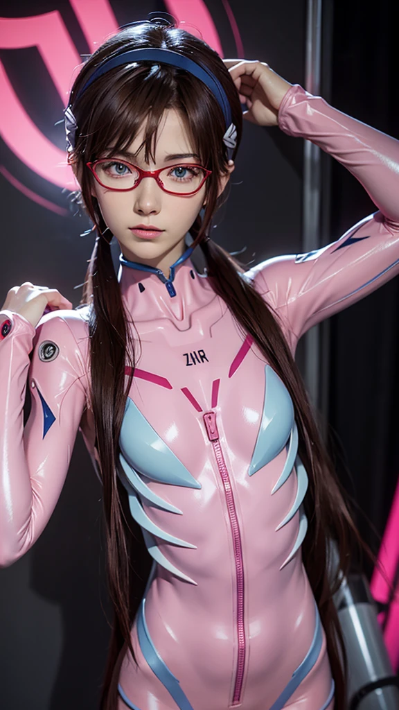 marimakinami, Mari Makinami, Japanese、18-year-old、blue eyes, brown hair, red rimmed glasses, head band, twin tails,big breasts、cleavage、
break bodysuit, pink bodysuit, plug suit,
break outdoors, city,
break looking at viewer,
break (masterpiece:1.2), highest quality, High resolution, unity 8k wallpaper, (figure:0.8), (detailed and beautiful eyes:1.6), highly detailed face, perfect lighting, Very detailed CG, (perfect hands, perfect anatomy),