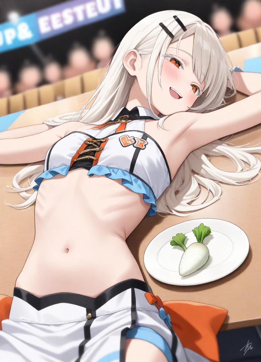 ((masterpiece, best picture quality, high quality, super high quality, depth of field, 4K, high definition)), Hiro Shinozawa, slender, half open eyes, dark orange eyes, white eyelashes, white blond hair, long hair, hairpin, small breasts, thin belly, ribs, small mouth, idol costume with belly, thin body,
((supine on long table, Japanese radish on belly, idol event venue, white paste on table plate)), shy, expressionless, (smile: 0. 3), open mouth, (blush: 0. 5), cowboy shot