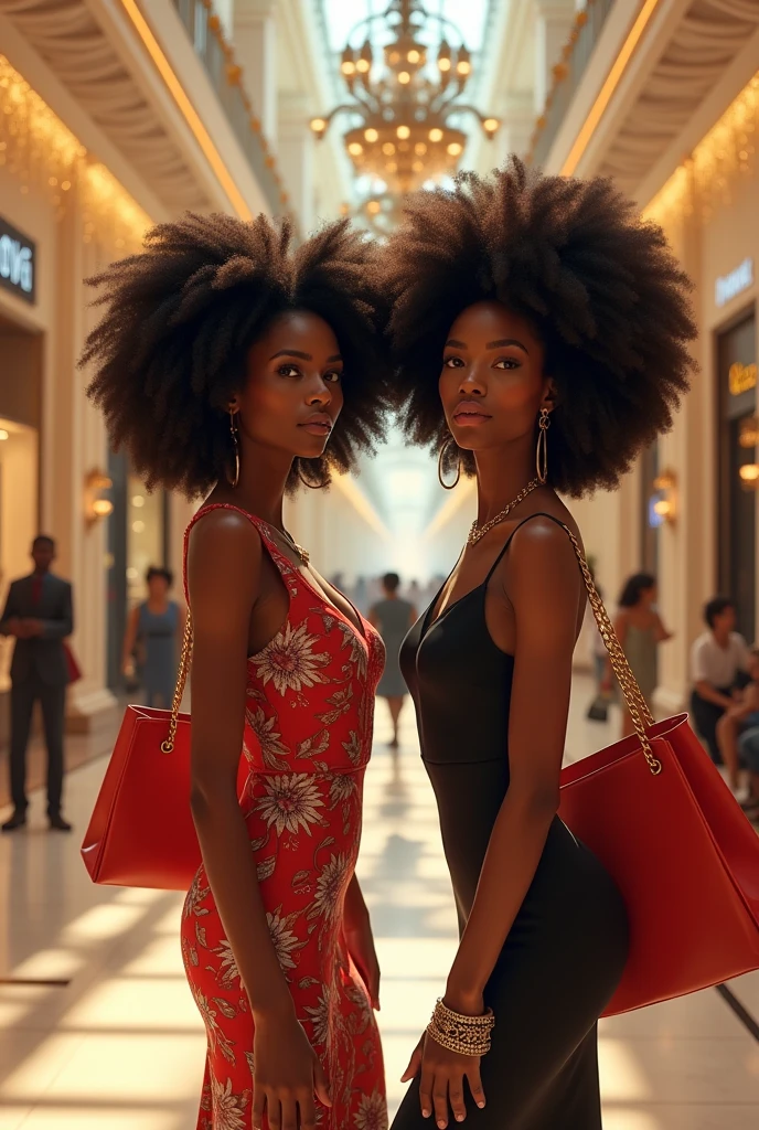 Beautiful black woman with long hair, wearing a dress in stylish summer neon colors. In a city center at 9 am.